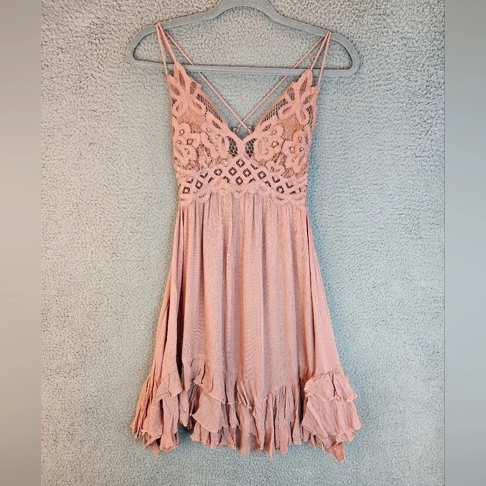 Free People Intimately Womens Adella V-Neck Slip Dress Sz XS Rose Lace & Ruffles